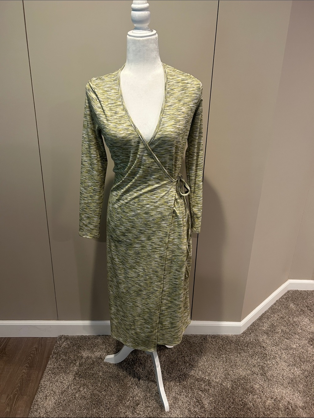 Lisa Says Gah Space Dye Green Knit Wrap Midi Dress
